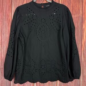 J.CREW Mockneck Cotton Poplin Top Embroidered Eyelet Blouse Size Large Black